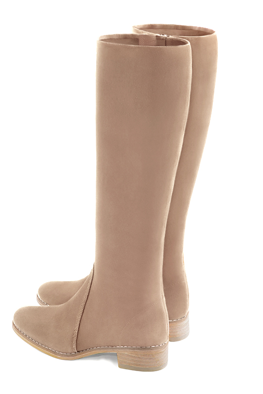 Tan beige women's riding knee-high boots. Round toe. Low leather soles. Made to measure. Rear view - Florence KOOIJMAN